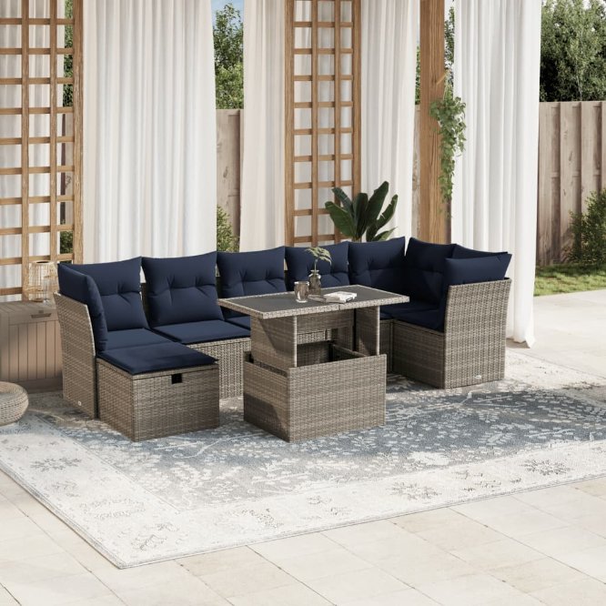 8-teiliges Gartensofa-Set mit Kissen, schwarzes Polyrattan
