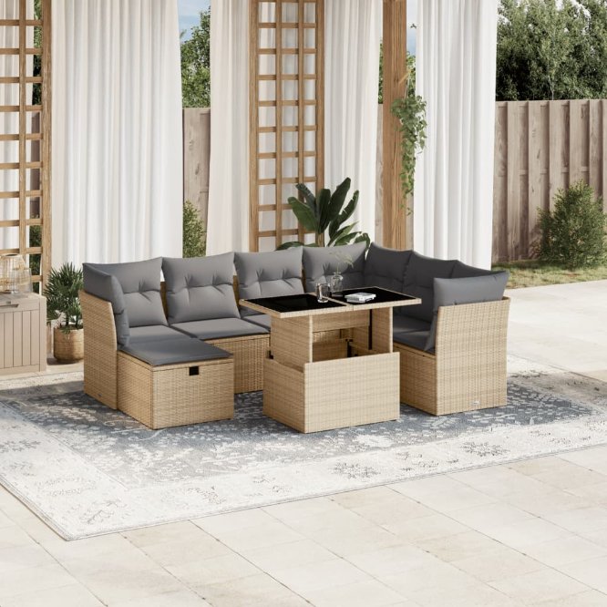 8-tlg. Garten-Sofagarnitur mit Kissen Schwarz Poly Rattan