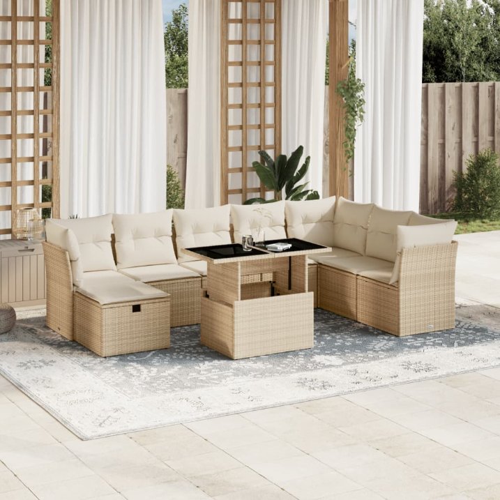 9-tlg. Garten-Sofagarnitur mit Kissen Schwarz Poly Rattan