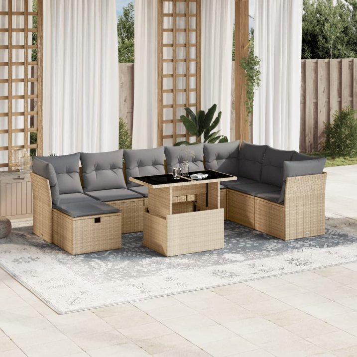 9-tlg. Garten-Sofagarnitur mit Kissen Schwarz Poly Rattan