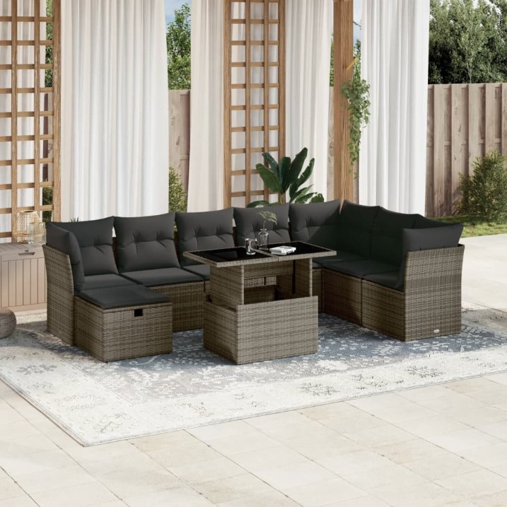 9-tlg. Garten-Sofagarnitur mit Kissen Schwarz Poly Rattan