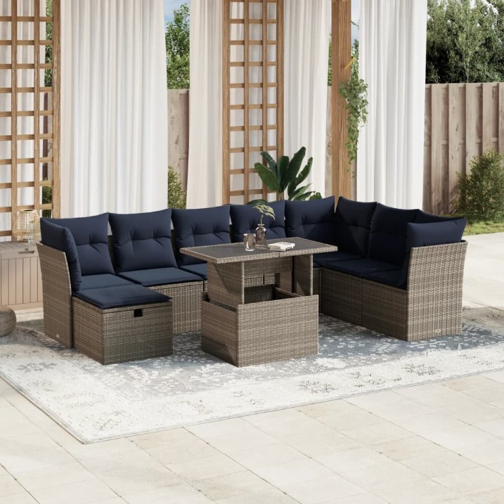 9-teiliges Gartensofa-Set mit Kissen, schwarzes Polyrattan