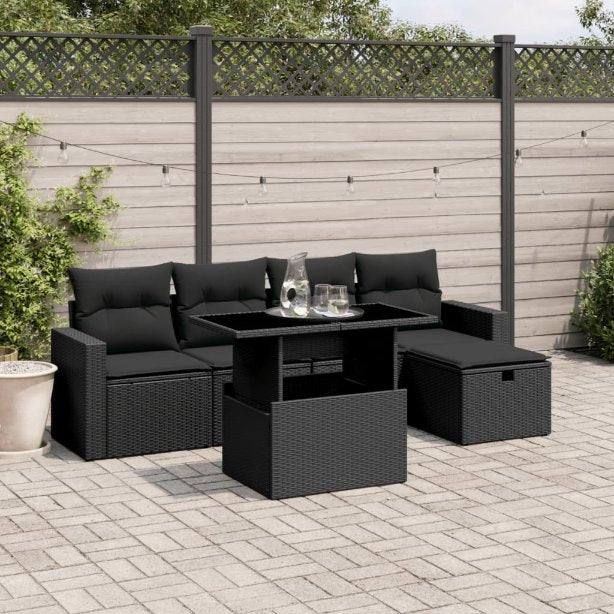 6-tlg. Garten-Sofagarnitur mit Kissen Schwarz Poly Rattan