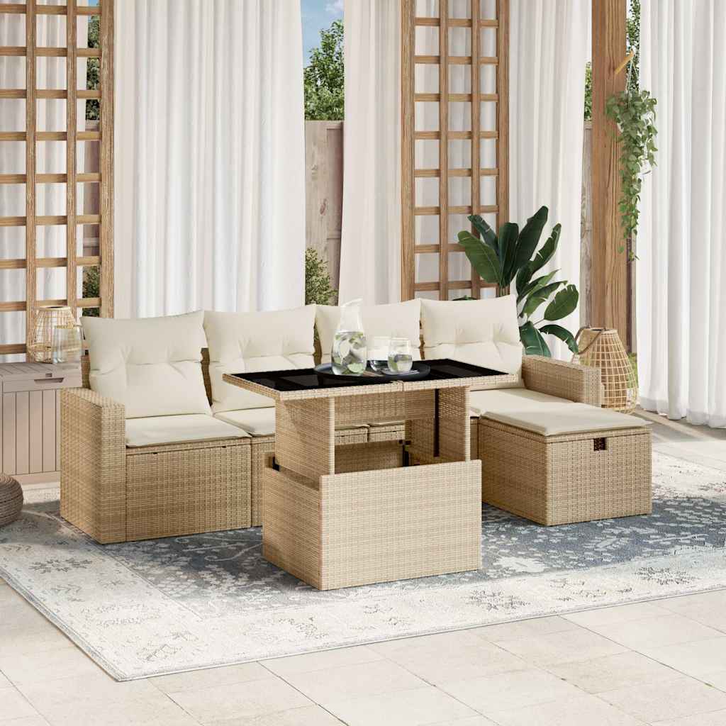 6-tlg. Garten-Sofagarnitur mit Kissen Schwarz Poly Rattan