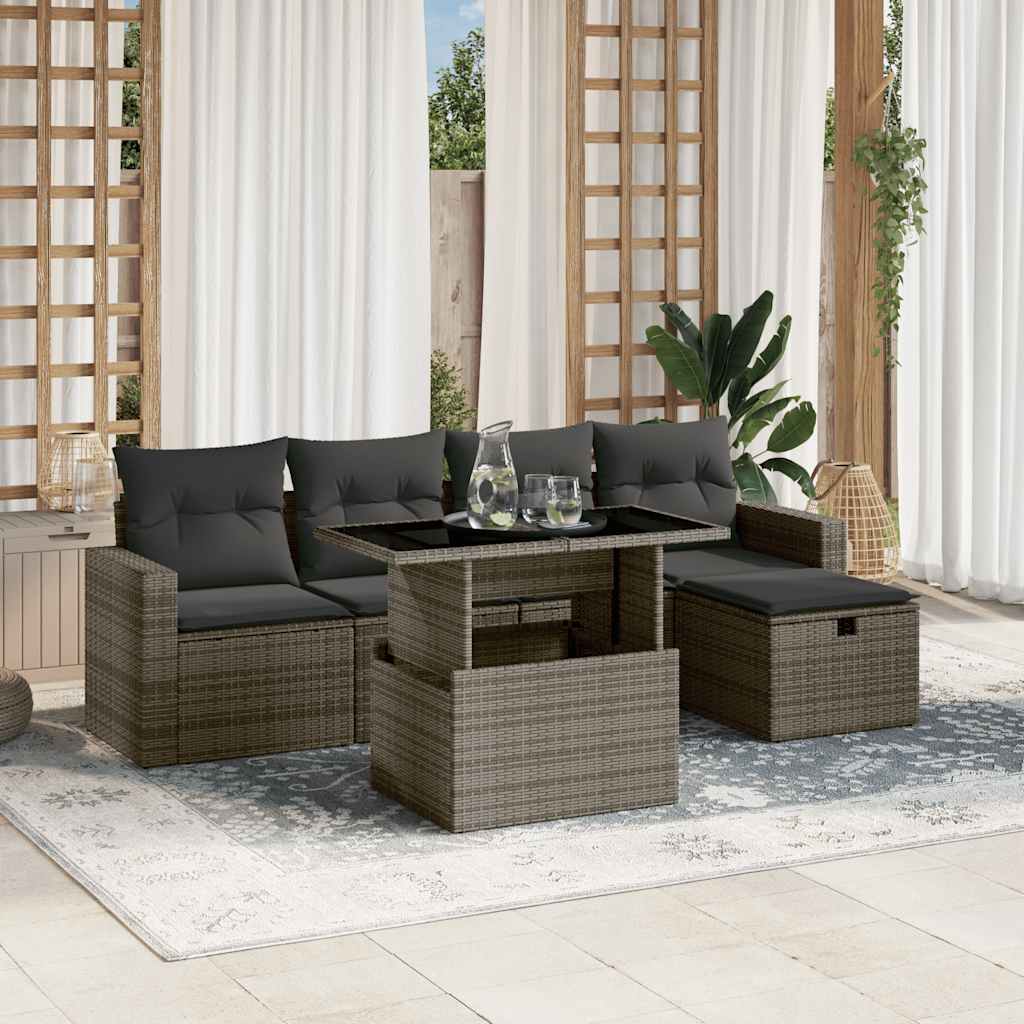 6-tlg. Garten-Sofagarnitur mit Kissen Schwarz Poly Rattan