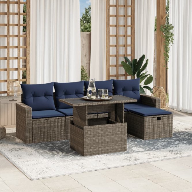 6-teiliges Gartensofa-Set mit Kissen, schwarzes Polyrattan