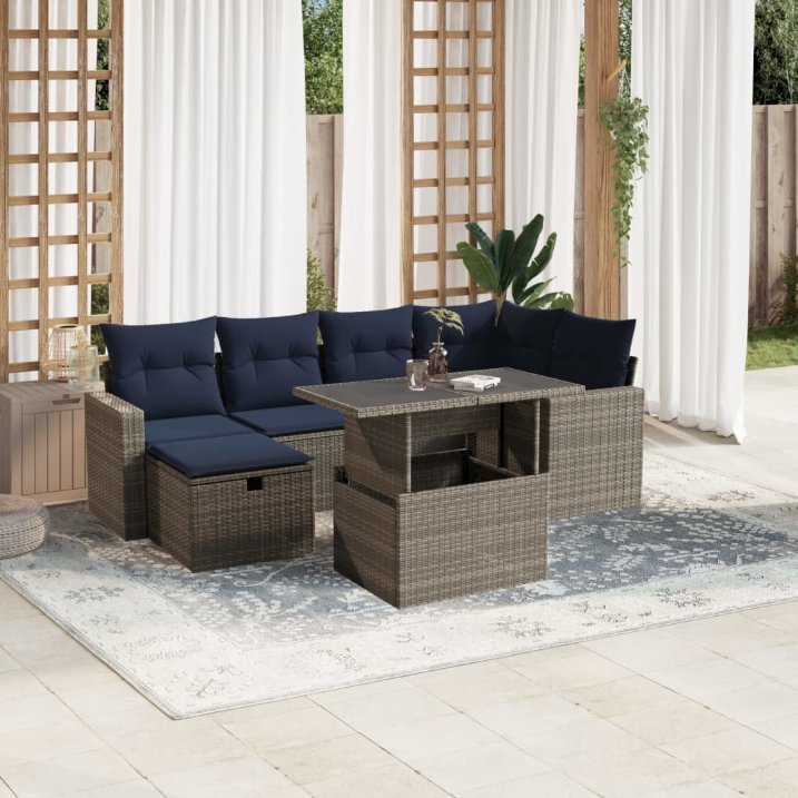 7-teiliges Gartensofa-Set mit Kissen, schwarzes Polyrattan