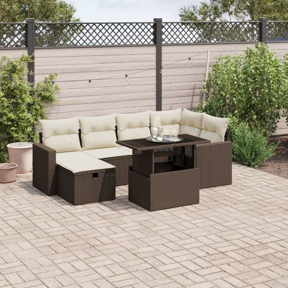 7-tlg. Garten-Sofagarnitur mit Kissen Schwarz Poly Rattan