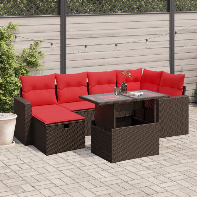7-teiliges Gartensofa-Set mit Kissen, schwarzes Polyrattan