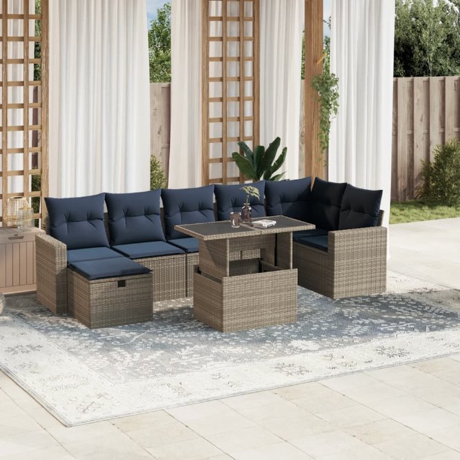 8-teiliges Gartensofa-Set mit Kissen, schwarzes Polyrattan