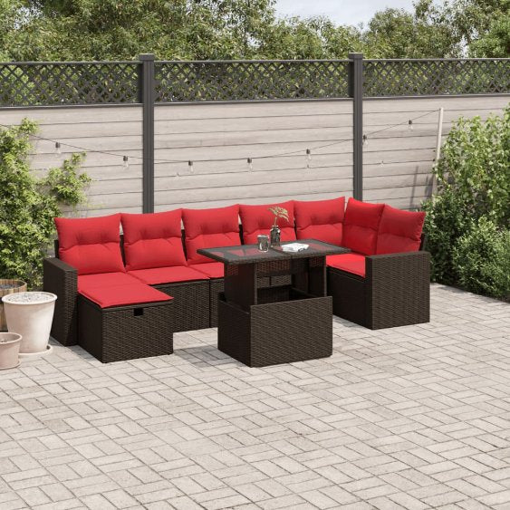 8-teiliges Gartensofa-Set mit Kissen, schwarzes Polyrattan