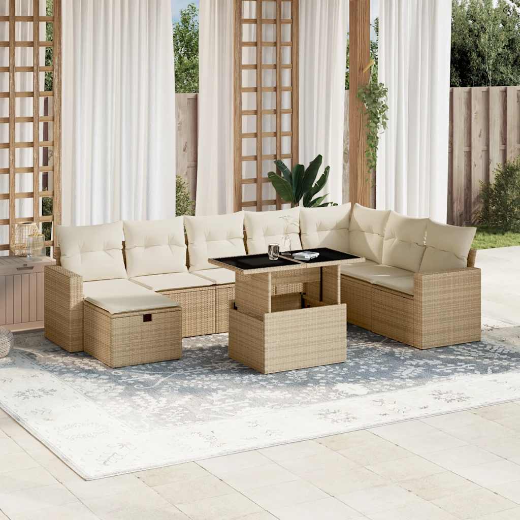 9-tlg. Garten-Sofagarnitur mit Kissen Schwarz Poly Rattan