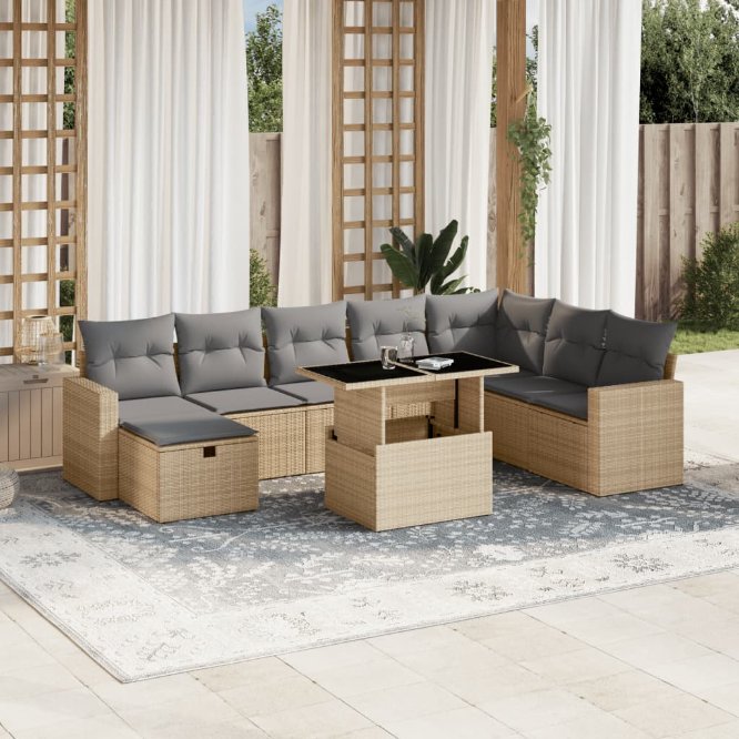 9-tlg. Garten-Sofagarnitur mit Kissen Schwarz Poly Rattan