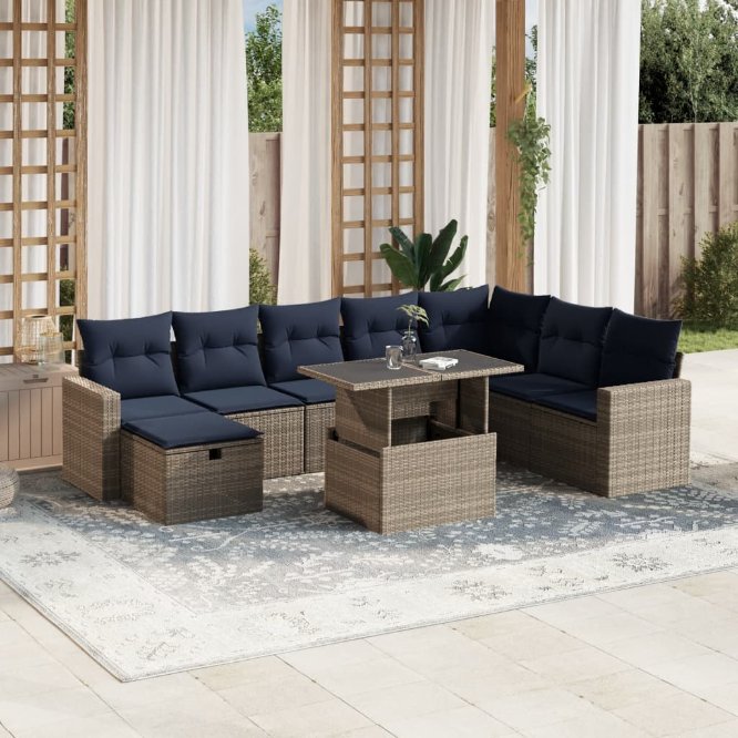 9-teiliges Gartensofa-Set mit Kissen, schwarzes Polyrattan