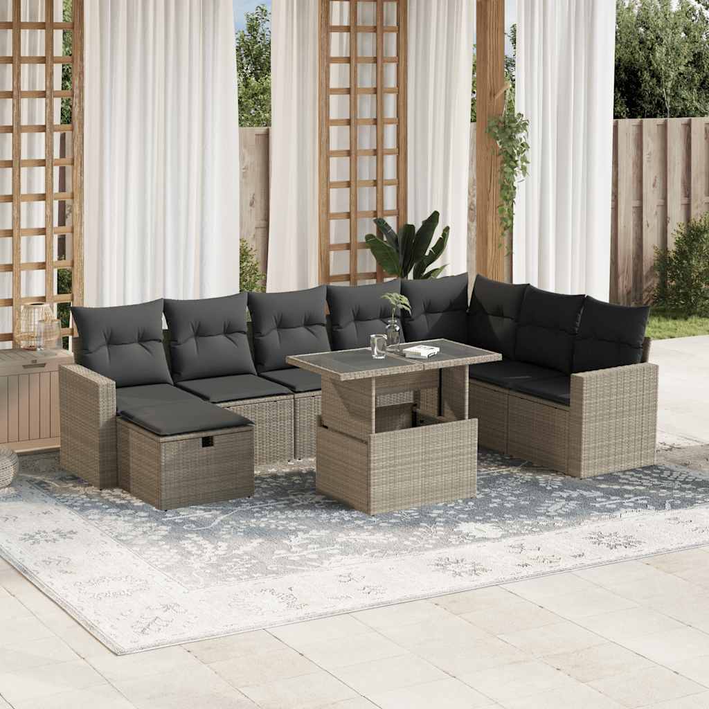 9-tlg. Garten-Sofagarnitur mit Kissen Schwarz Poly Rattan