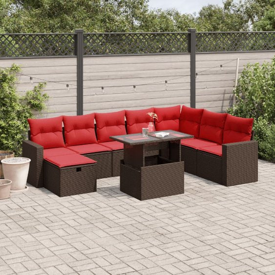 9-teiliges Gartensofa-Set mit Kissen, schwarzes Polyrattan