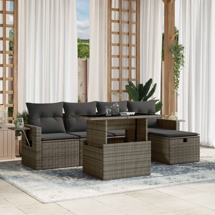 6-tlg. Garten-Sofagarnitur mit Kissen Schwarz Poly Rattan
