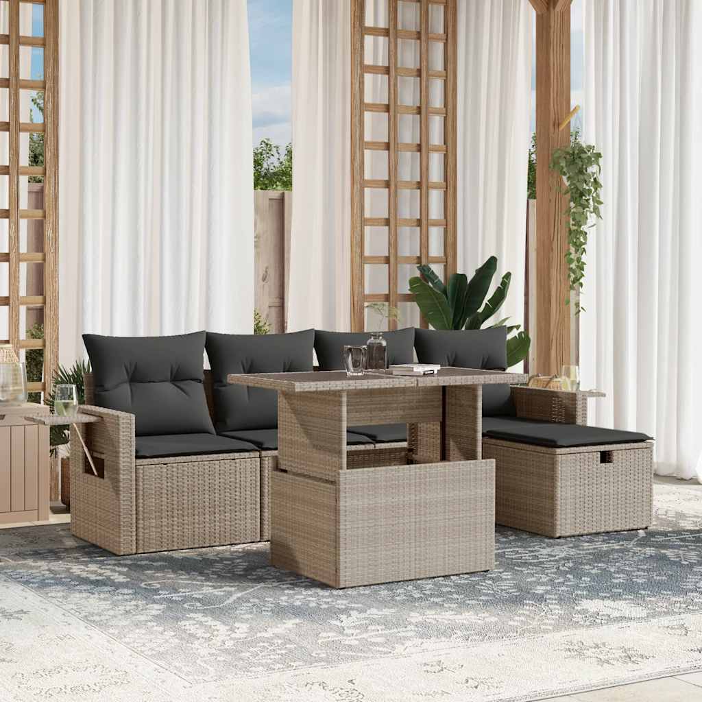 6-tlg. Garten-Sofagarnitur mit Kissen Schwarz Poly Rattan