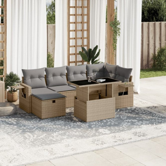 7-tlg. Garten-Sofagarnitur mit Kissen Schwarz Poly Rattan