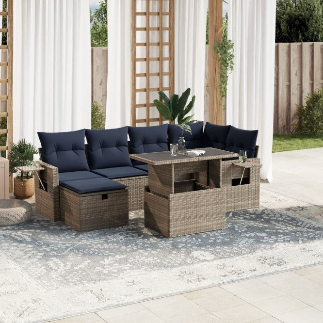 7-teiliges Gartensofa-Set mit Kissen, schwarzes Polyrattan