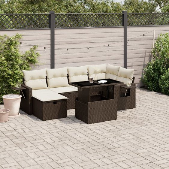 7-tlg. Garten-Sofagarnitur mit Kissen Schwarz Poly Rattan