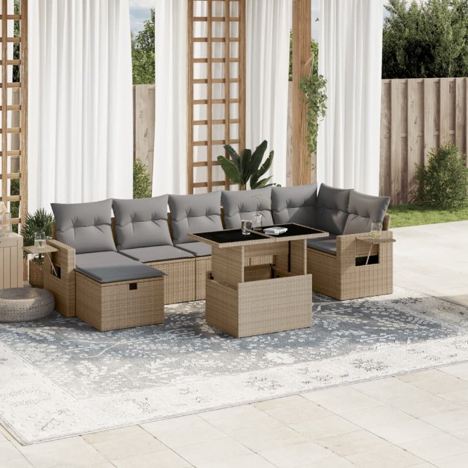 8-tlg. Garten-Sofagarnitur mit Kissen Schwarz Poly Rattan