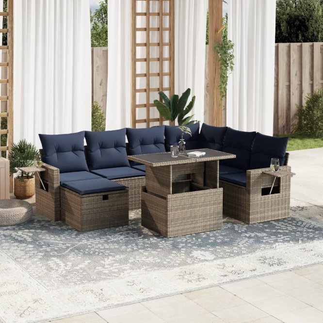 8-teiliges Gartensofa-Set mit Kissen, schwarzes Polyrattan