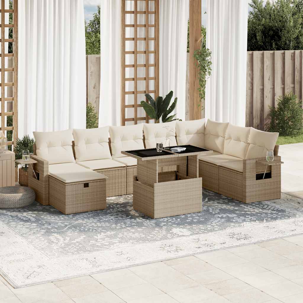 9-tlg. Garten-Sofagarnitur mit Kissen Schwarz Poly Rattan