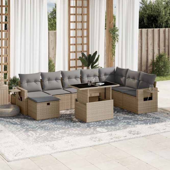 9-tlg. Garten-Sofagarnitur mit Kissen Schwarz Poly Rattan