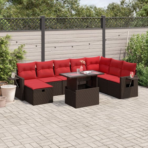 9-teiliges Gartensofa-Set mit Kissen, schwarzes Polyrattan