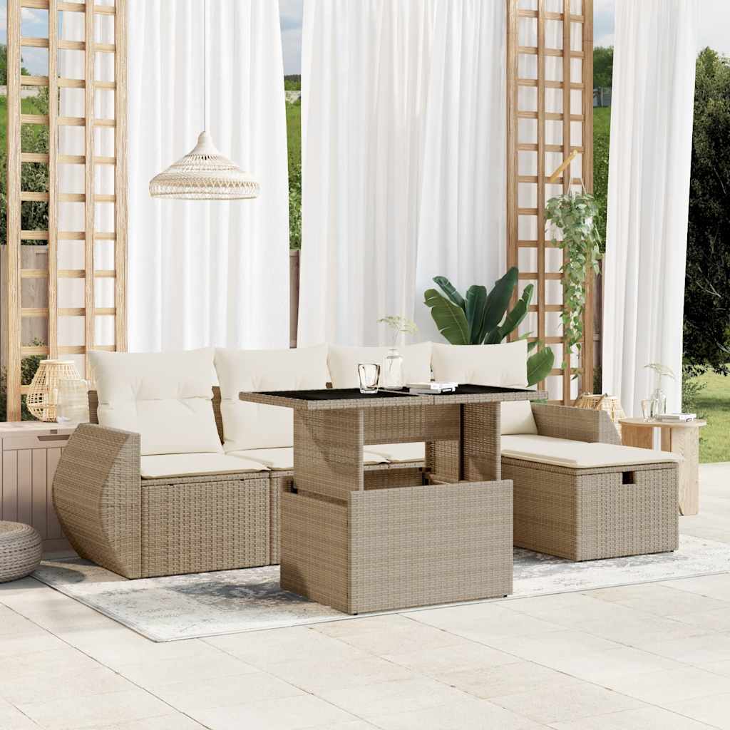 6-tlg. Garten-Sofagarnitur mit Kissen Schwarz Poly Rattan