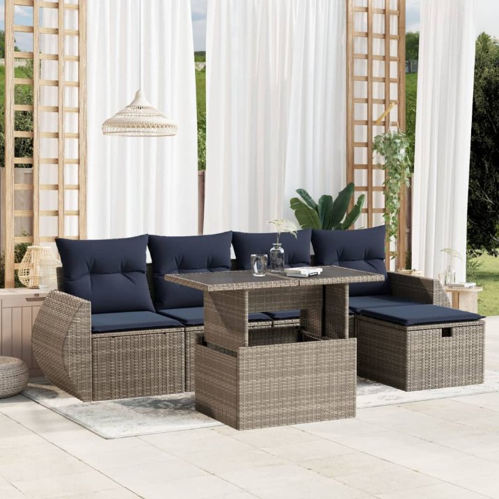 6-teiliges Gartensofa-Set mit Kissen, schwarzes Polyrattan
