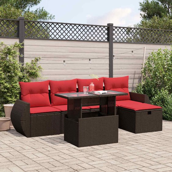6-teiliges Gartensofa-Set mit Kissen, schwarzes Polyrattan