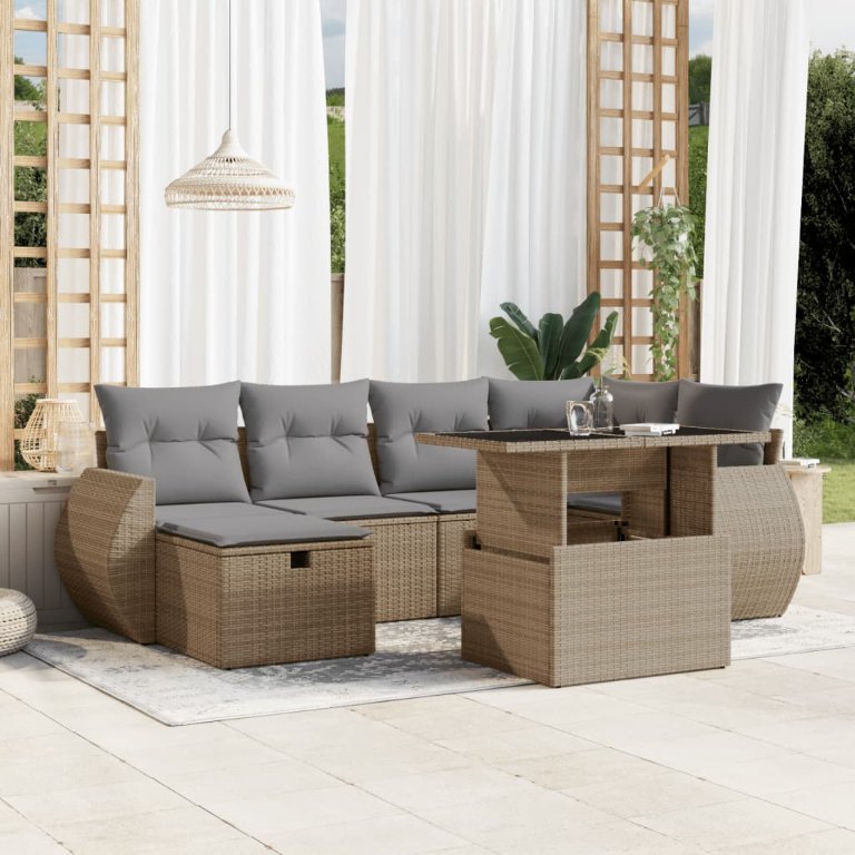7-tlg. Garten-Sofagarnitur mit Kissen Schwarz Poly Rattan