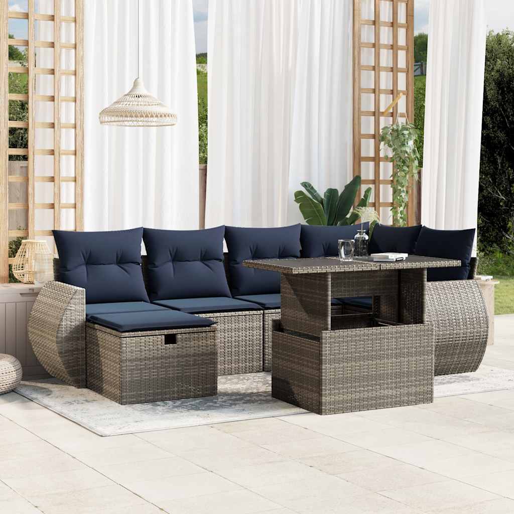 7-teiliges Gartensofa-Set mit Kissen, schwarzes Polyrattan
