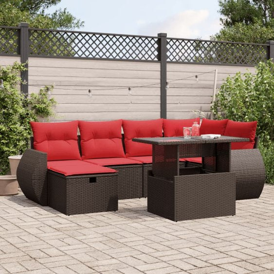 7-teiliges Gartensofa-Set mit Kissen, schwarzes Polyrattan