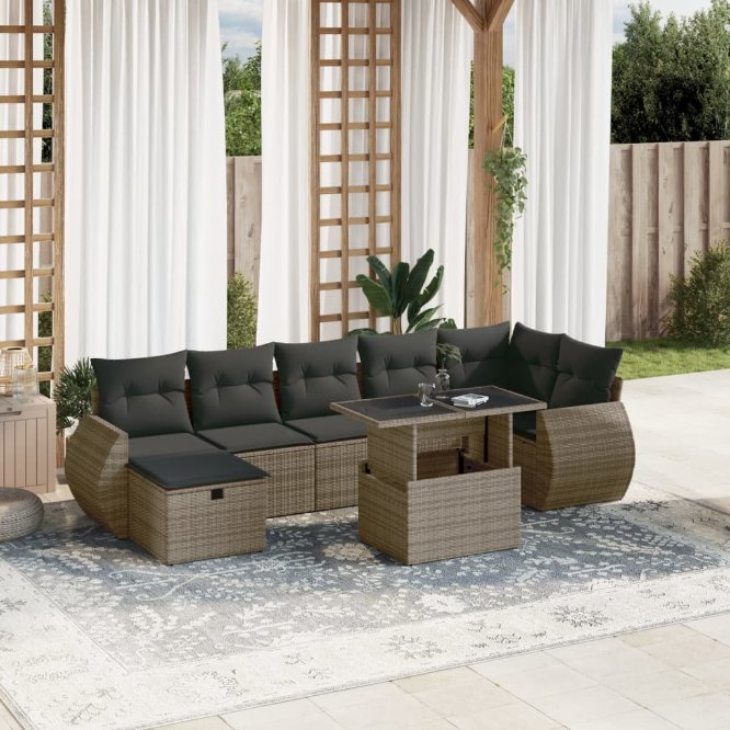 8-tlg. Garten-Sofagarnitur mit Kissen Schwarz Poly Rattan