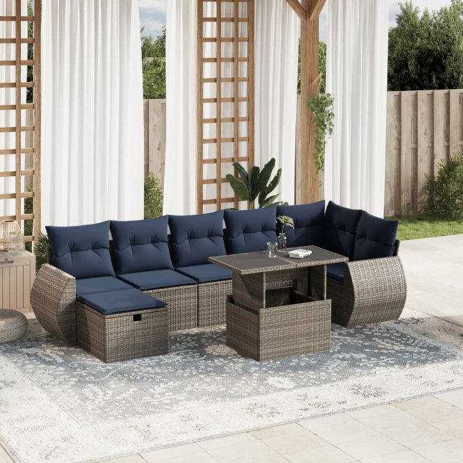 8-teiliges Gartensofa-Set mit Kissen, schwarzes Polyrattan