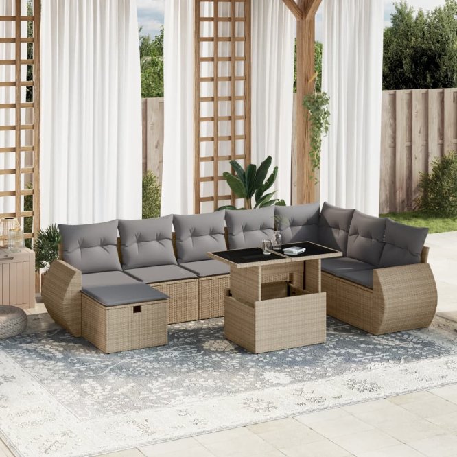9-tlg. Garten-Sofagarnitur mit Kissen Schwarz Poly Rattan