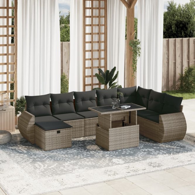 9-tlg. Garten-Sofagarnitur mit Kissen Schwarz Poly Rattan