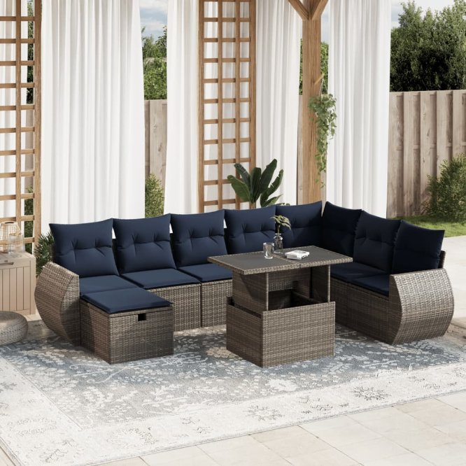9-teiliges Gartensofa-Set mit Kissen, schwarzes Polyrattan