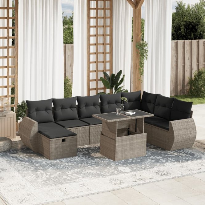 9-tlg. Garten-Sofagarnitur mit Kissen Schwarz Poly Rattan