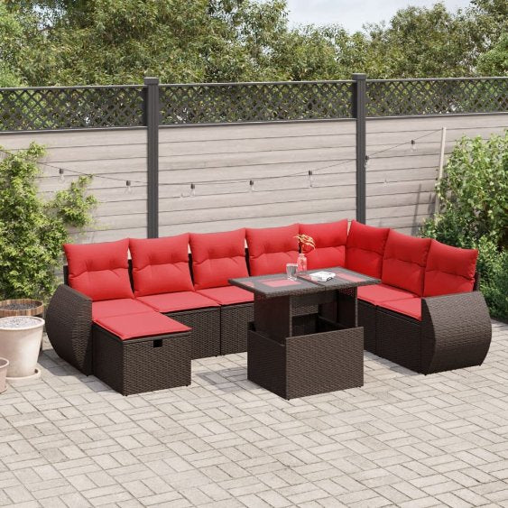 9-teiliges Gartensofa-Set mit Kissen, schwarzes Polyrattan