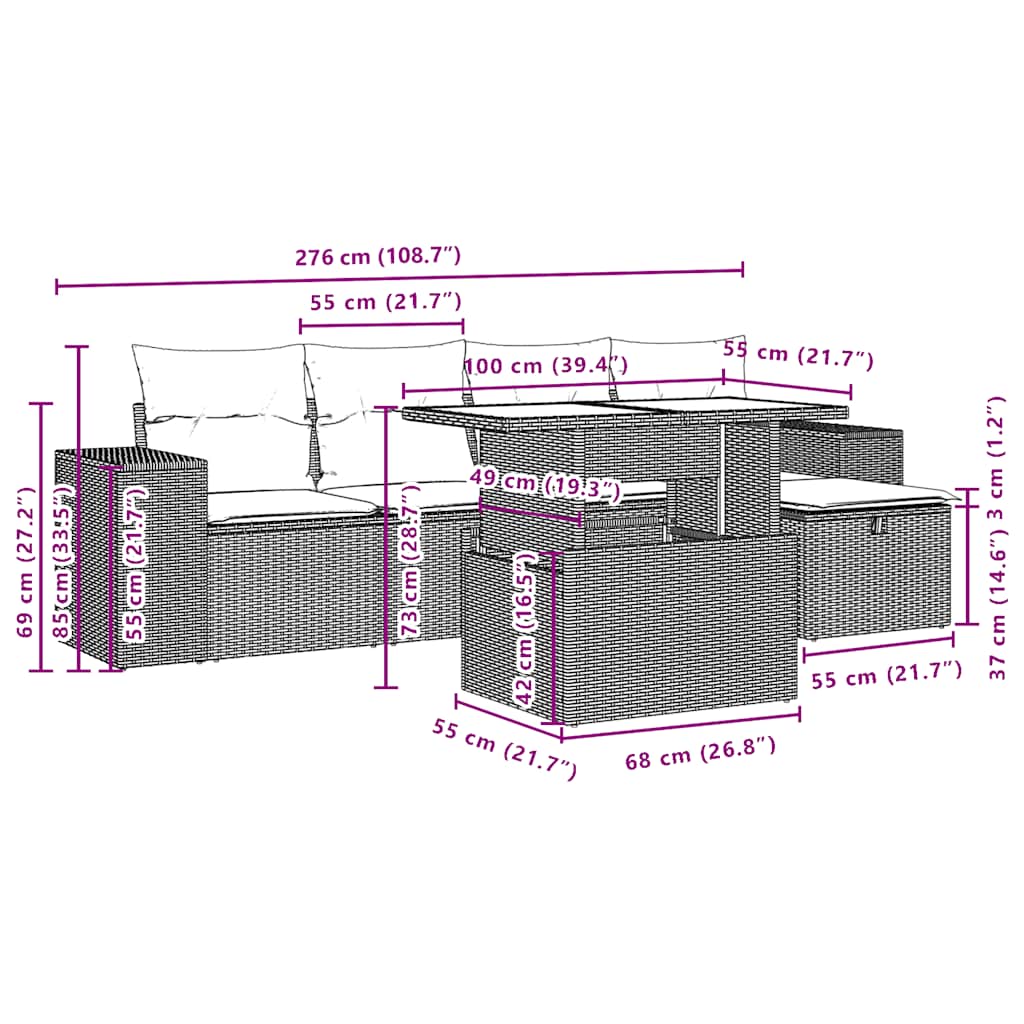6-teiliges Gartensofa-Set mit Kissen, schwarzes Polyrattan