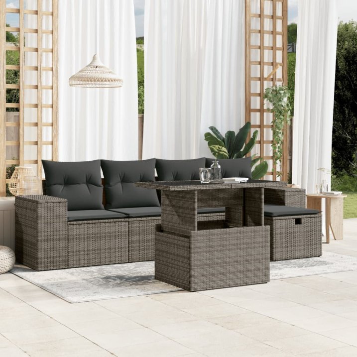 6-tlg. Garten-Sofagarnitur mit Kissen Schwarz Poly Rattan