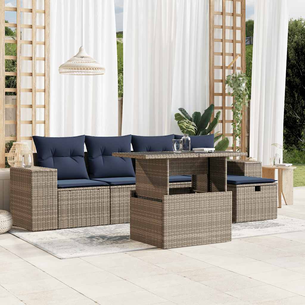 6-teiliges Gartensofa-Set mit Kissen, schwarzes Polyrattan