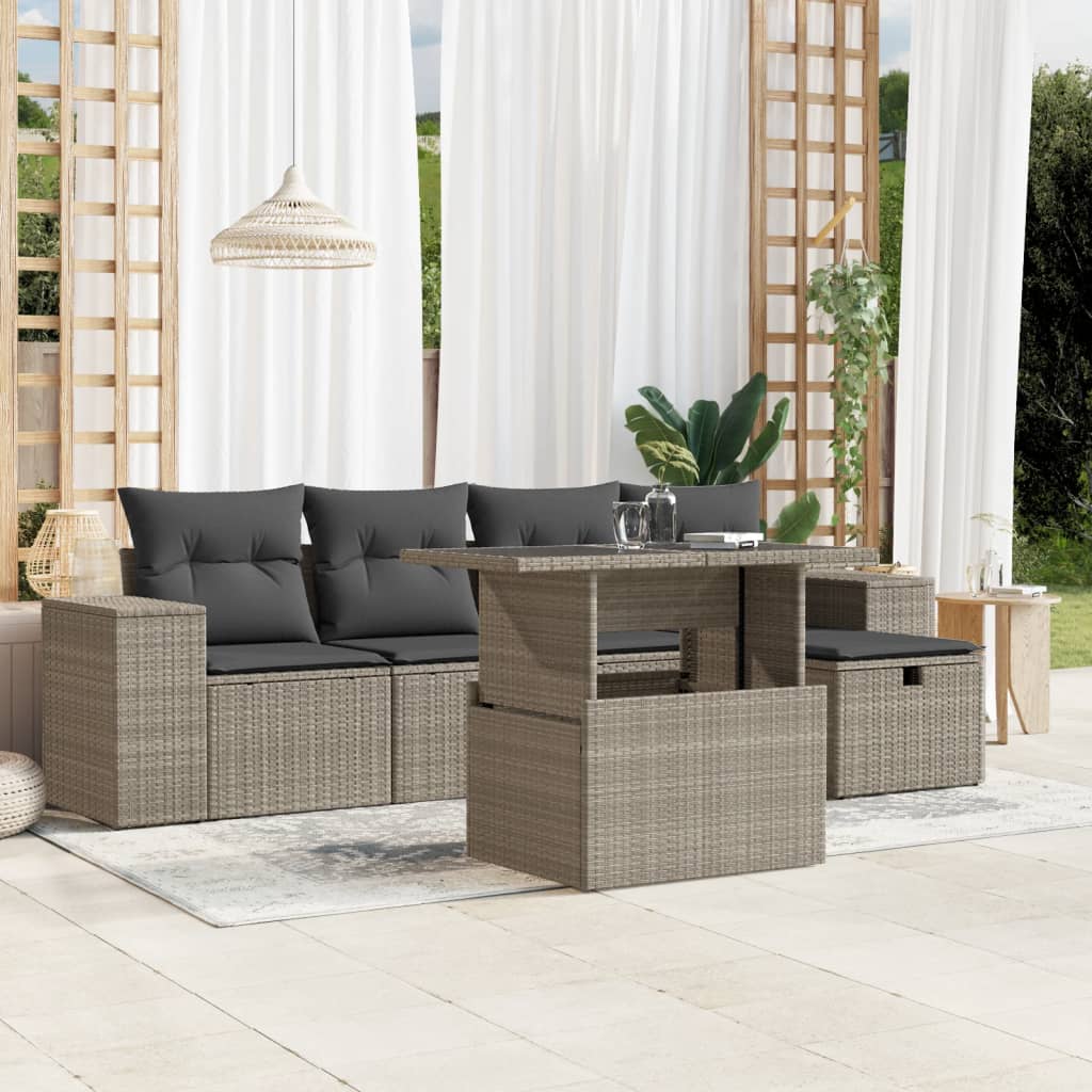 6-tlg. Garten-Sofagarnitur mit Kissen Schwarz Poly Rattan