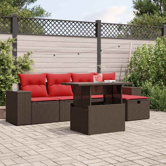6-teiliges Gartensofa-Set mit Kissen, schwarzes Polyrattan