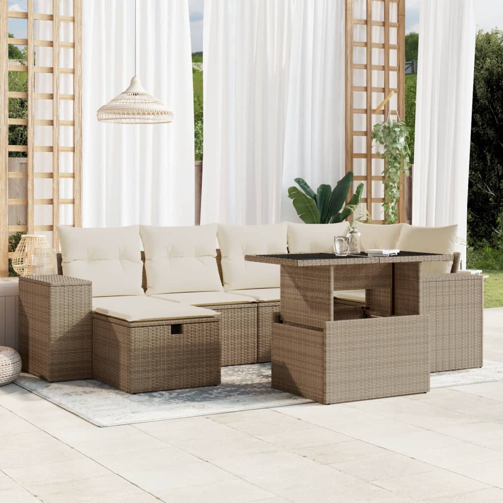 7-tlg. Garten-Sofagarnitur mit Kissen Schwarz Poly Rattan