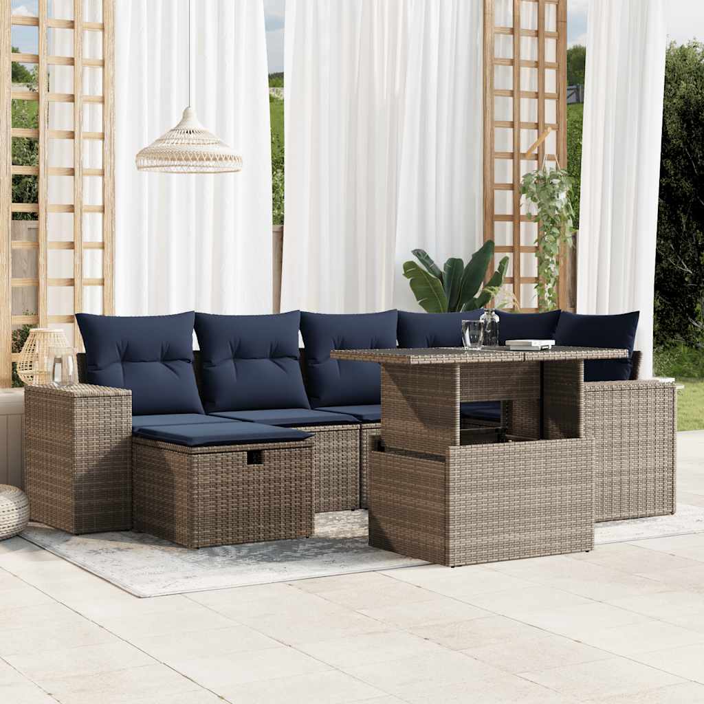 7-teiliges Gartensofa-Set mit Kissen, schwarzes Polyrattan